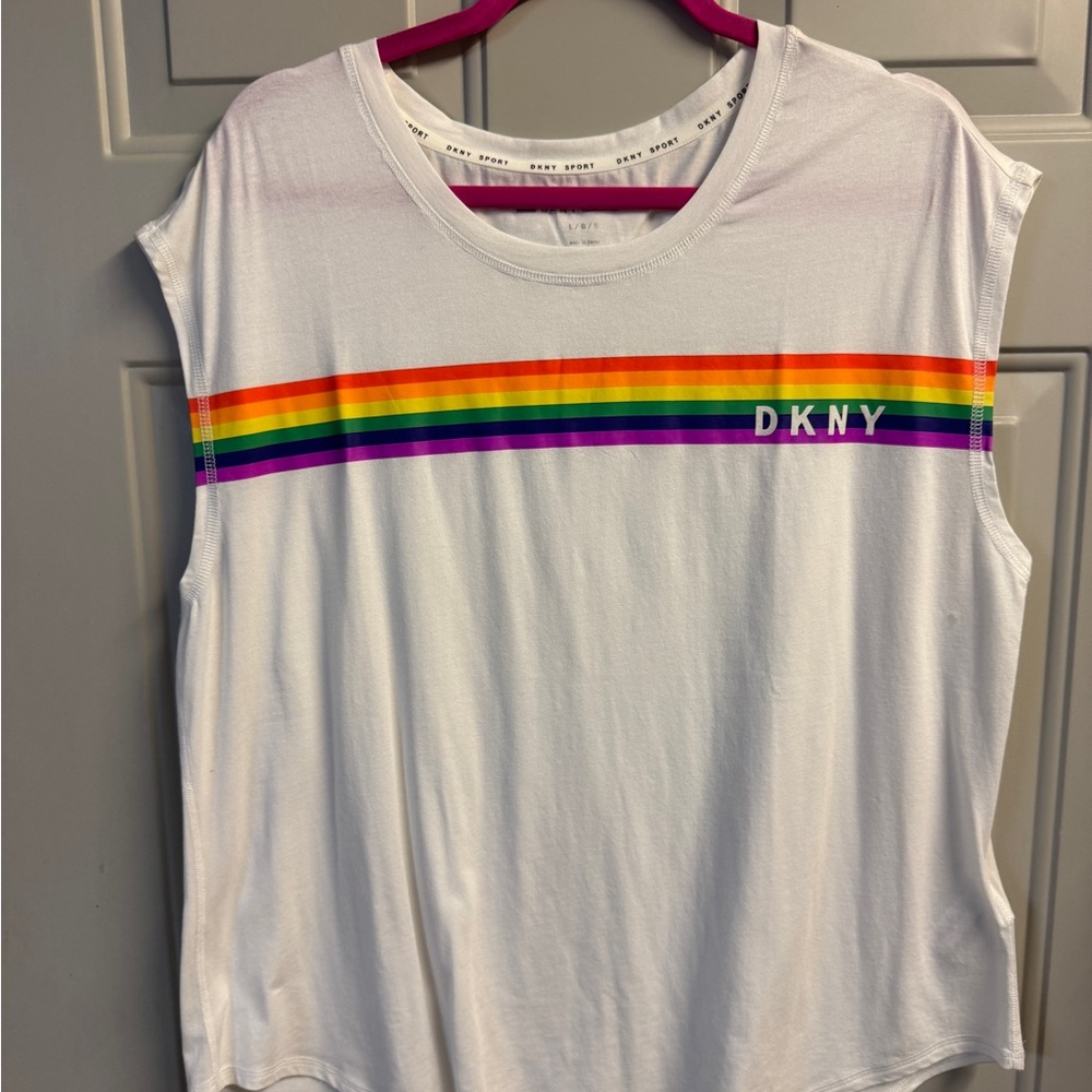 DKNY Women’s White Tank Top with Rainbow Stripes